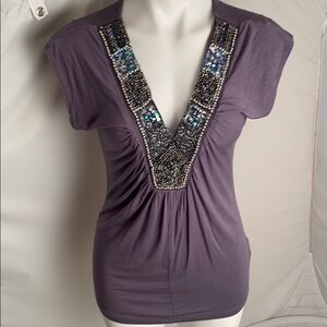 Moa Moa gray soft ruched beaded v-neck top